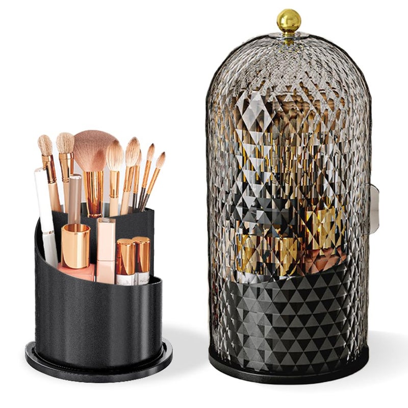 JIANGLAI Makeup Brush Holder with Lid, 360 Rotating Multifunction Clear Dustproof Skincare Cosmetic Tools Storage Organizer for Vanity Desktop Bathroom Countertop (Black) - Image 1